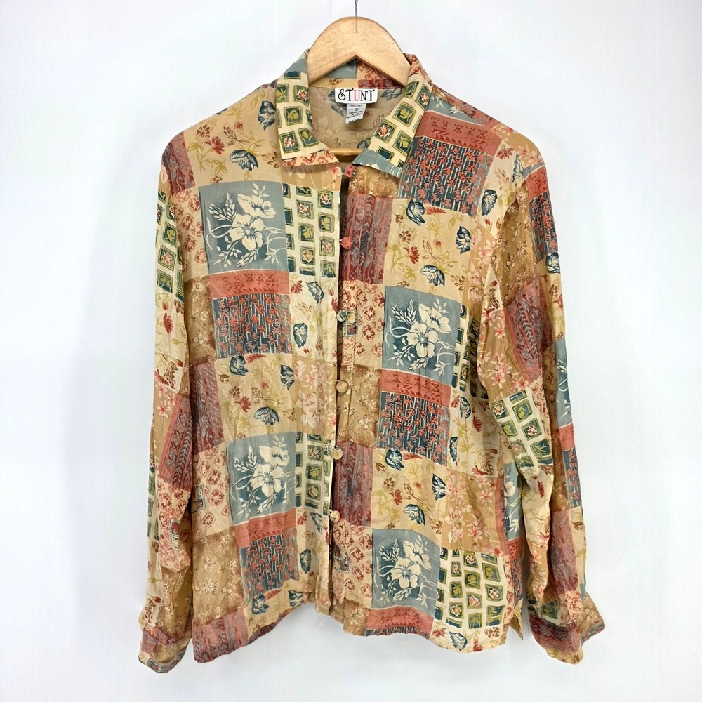 Stunt Silk Button Down Shirt Womens L Multicolor Patchwork Floral Art to Wear